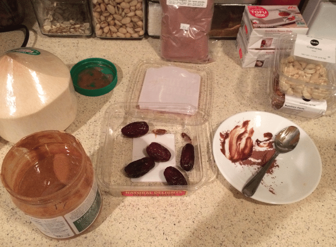 Dates dipped in almond butter. Tried w cocoa powder, was not successful. Went back to plain almond butter. Was happy.