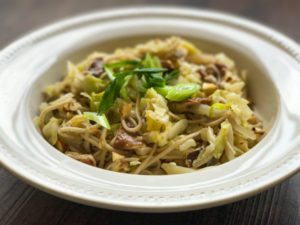 cabbage and mushroom pasta recipe closeup
